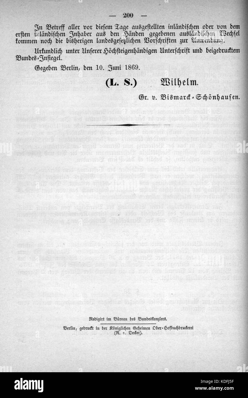 Norddeutsches Bundesgesetzblatt 1869 021 200 Stockfoto