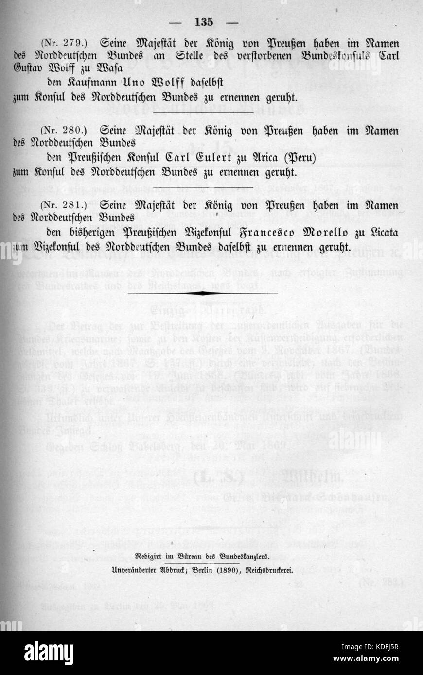 Norddeutsches Bundesgesetzblatt 1869 014 135 Stockfoto