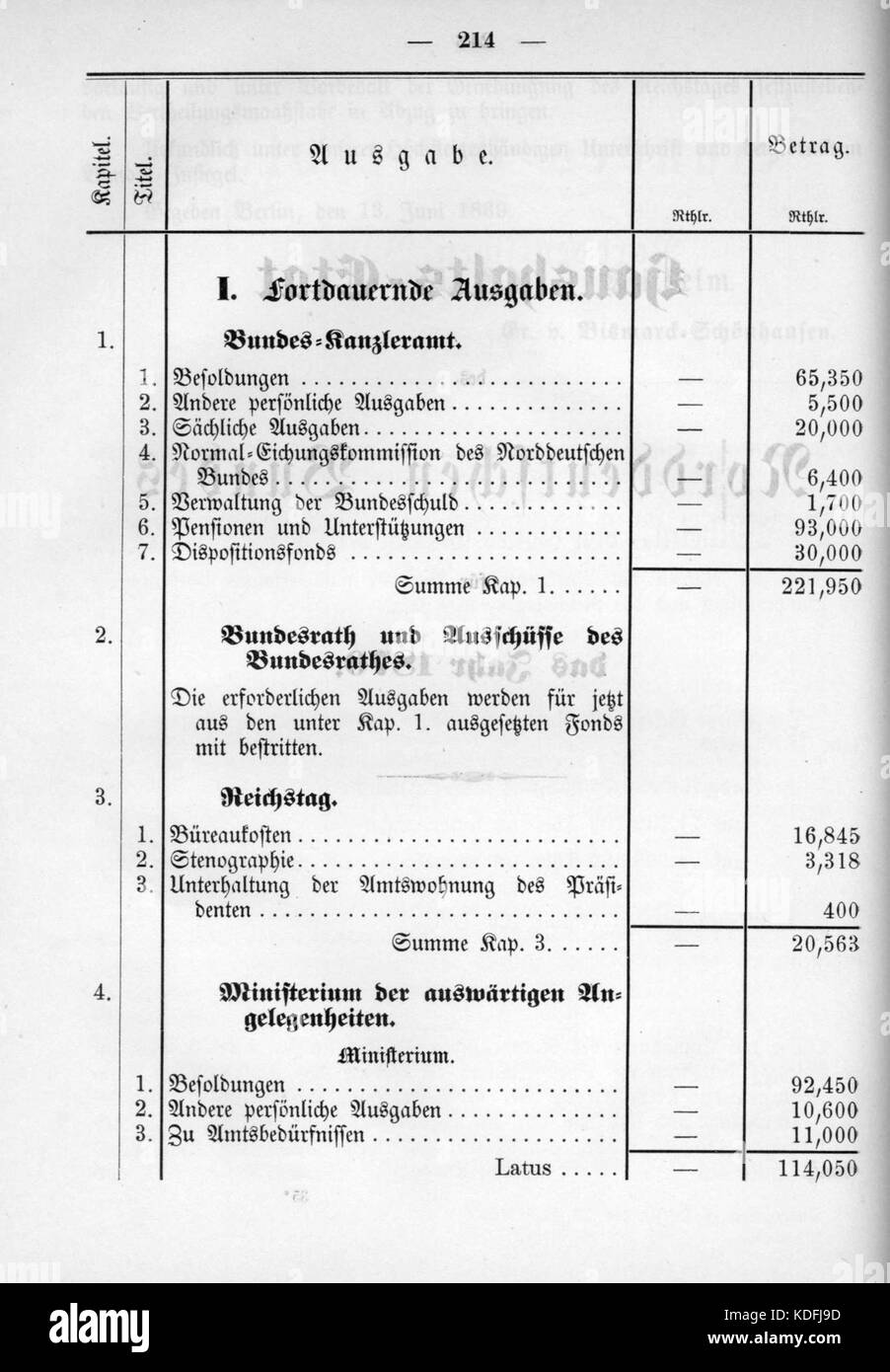Norddeutsches Bundesgesetzblatt 1869 023 214 Stockfoto