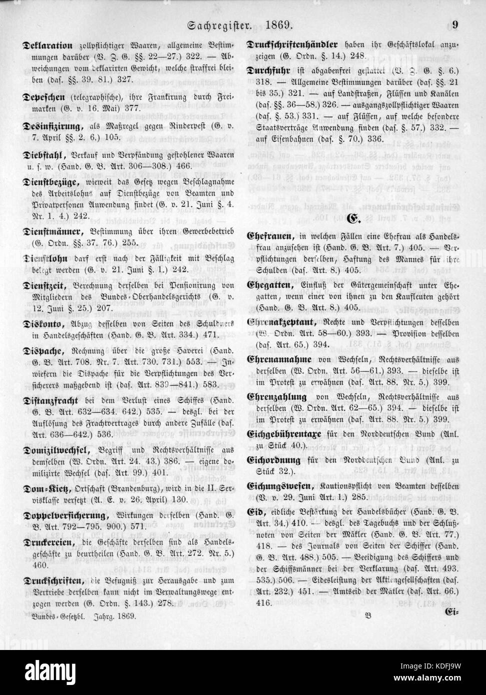 Das Norddeutsche Bundesgesetzblatt 1869 ist ein rechtsgültiges Dokument des Norddeutschen Bundes, das die in diesem Jahr erlassenen Gesetze ausführlich beschreibt. Sie dient als wichtiger historischer Bezugspunkt für das Verständnis des politischen und rechtlichen Rahmens während der Staatsbildung im 19. Jahrhundert. Stockfoto
