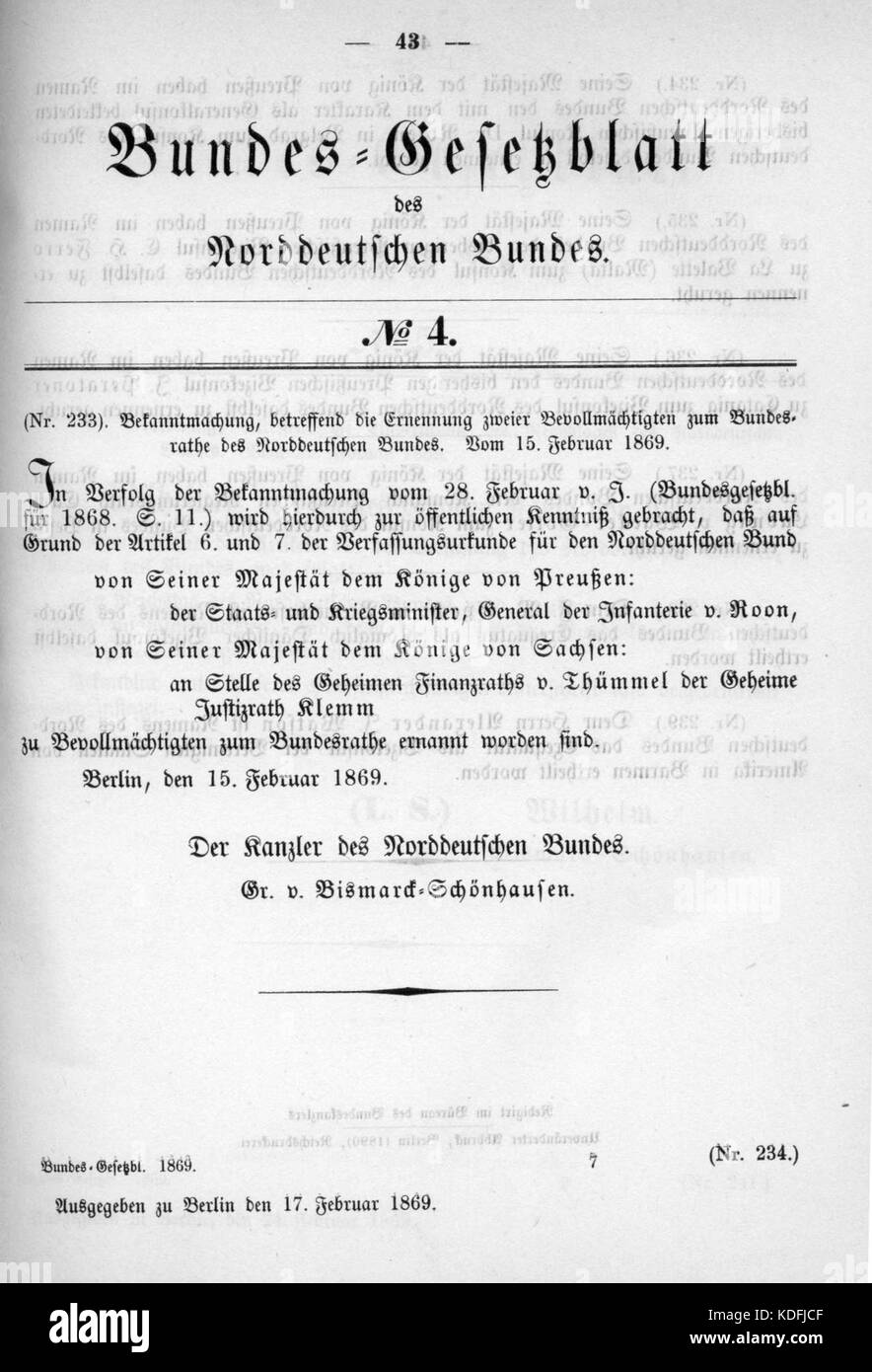 Norddeutsches Bundesgesetzblatt 1869 004 043 Stockfoto