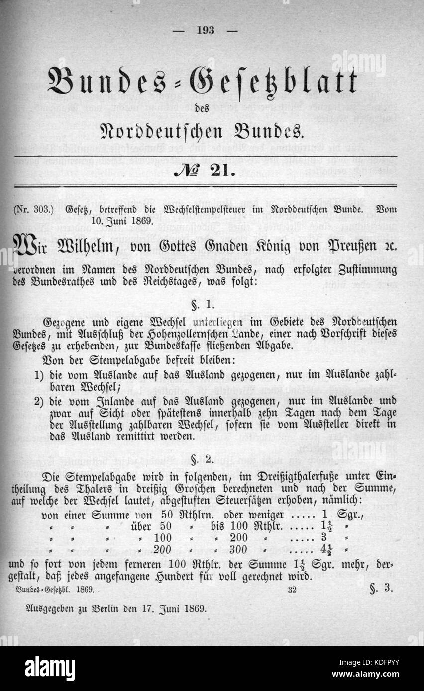 Norddeutsches Bundesgesetzblatt 1869 021 193 Stockfoto