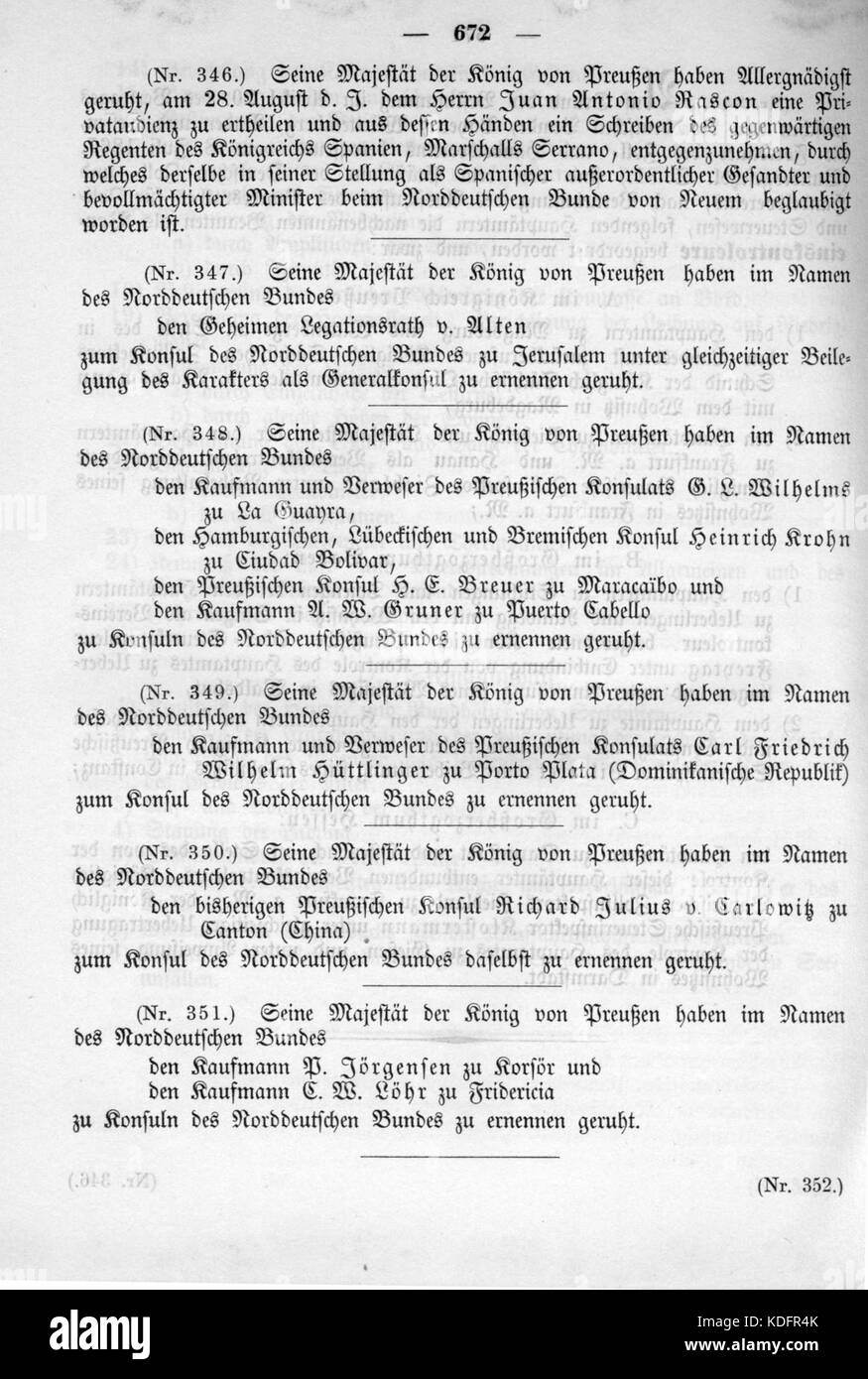 Eine Seite des Norddeutschen Bundesgesetzblattes von 1869, die eine offizielle rechtliche Publikation aus dieser Zeit dokumentiert, die die rechtlichen und politischen Veränderungen im Norddeutschen Bund widerspiegelt. Stockfoto