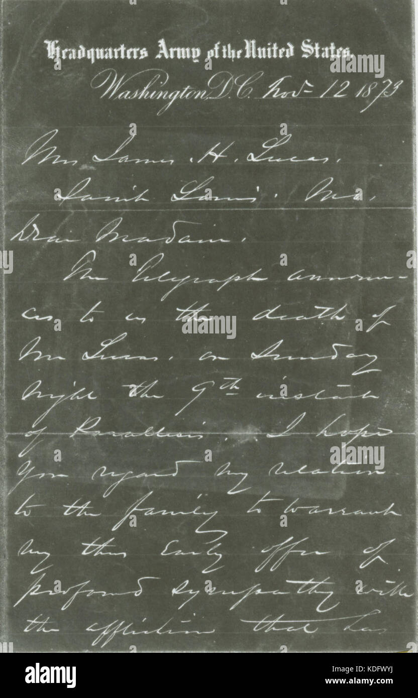 Im benutzungsbereich der unterzeichneten Brief W.T. Sherman, Washington, an Frau James H. Lucas, St. Louis, 12. November 1879 Stockfoto