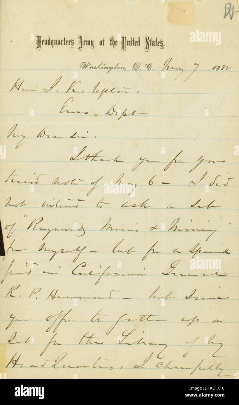 Brief unterzeichnet W.T. Sherman, Washington, Herrn Abgeordneten J.K. Upton, Treasury, 7. Mai 1880 Stockfoto