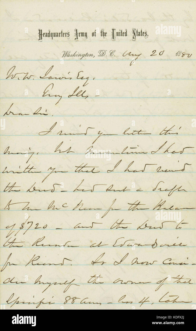 Brief unterzeichnet W.T. Sherman, Washington, D.C., W.W. Jarvis, Troy, Michigan, 20. August 1880 Stockfoto