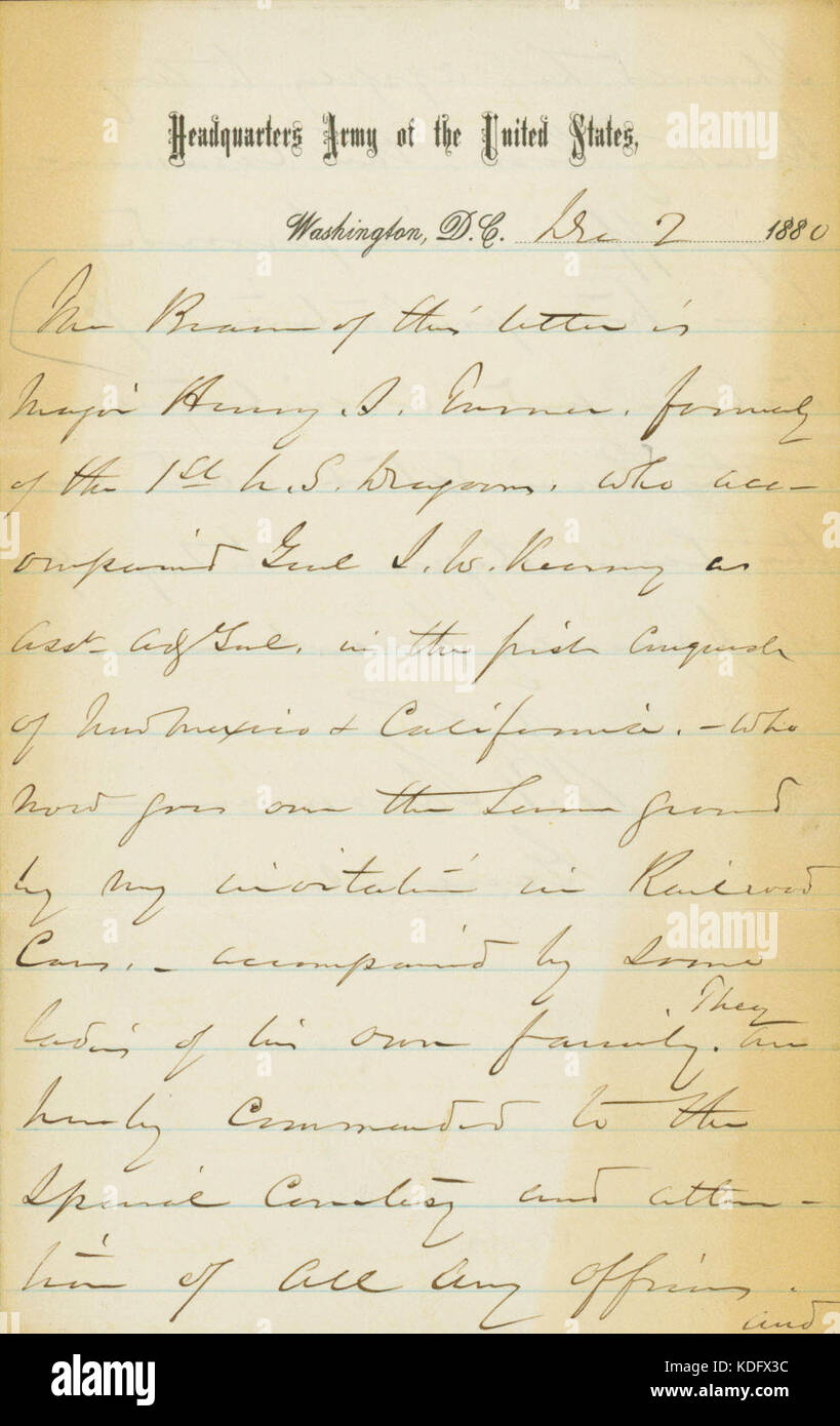Schreiben der Einführung unterzeichnet W.T. Sherman, Sitz der Armee der Vereinigten Staaten, Washington, D.C., 2. Dezember 1880 Stockfoto