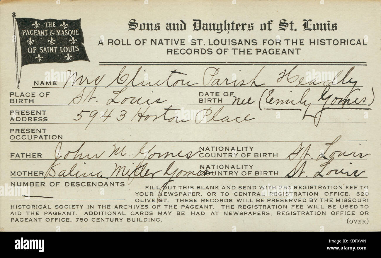 Pageant und Masque von St. Louis Anmeldekarte für für Mrs Clinton Pfarrei Headly, nee Emily Yomes, 1914 Stockfoto