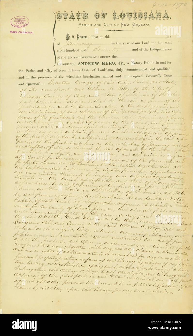 Rechtliche Dokumente über Braxton Bragg's Greenwood Plantage, 22. April 1870 Stockfoto