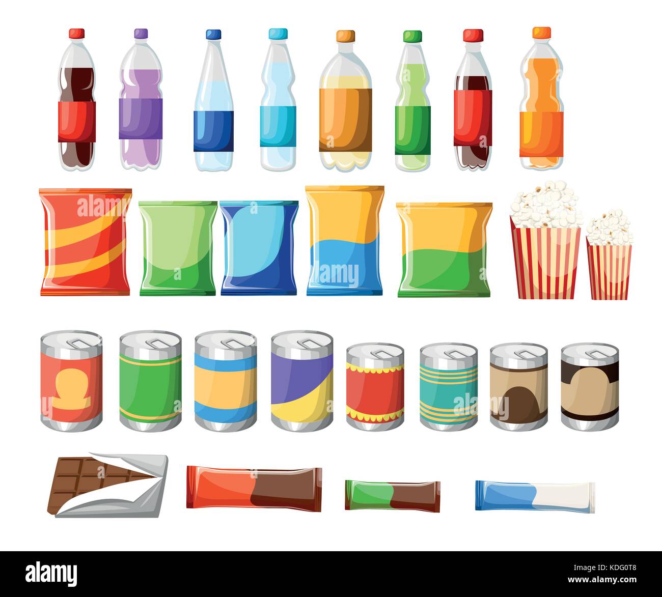 Automaten Produkt Elemente festlegen. Vektor flachbild Abbildung. Essen und Getränke Designelemente auf weißem Hintergrund. Fast Food Snacks und Getränke Stock Vektor