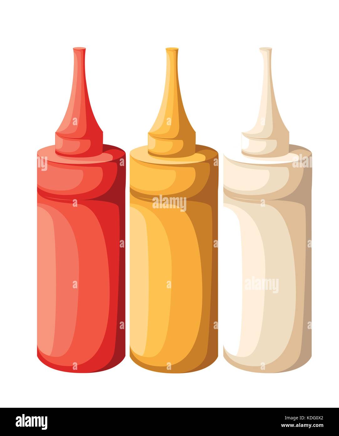 Vektor einrichten von leeren Kunststoff weiß rot gelb Mayonnaise Senf ketchup Flasche für Branding ohne Etikett auf Hintergrund Web site Seite und Mob isoliert Stock Vektor