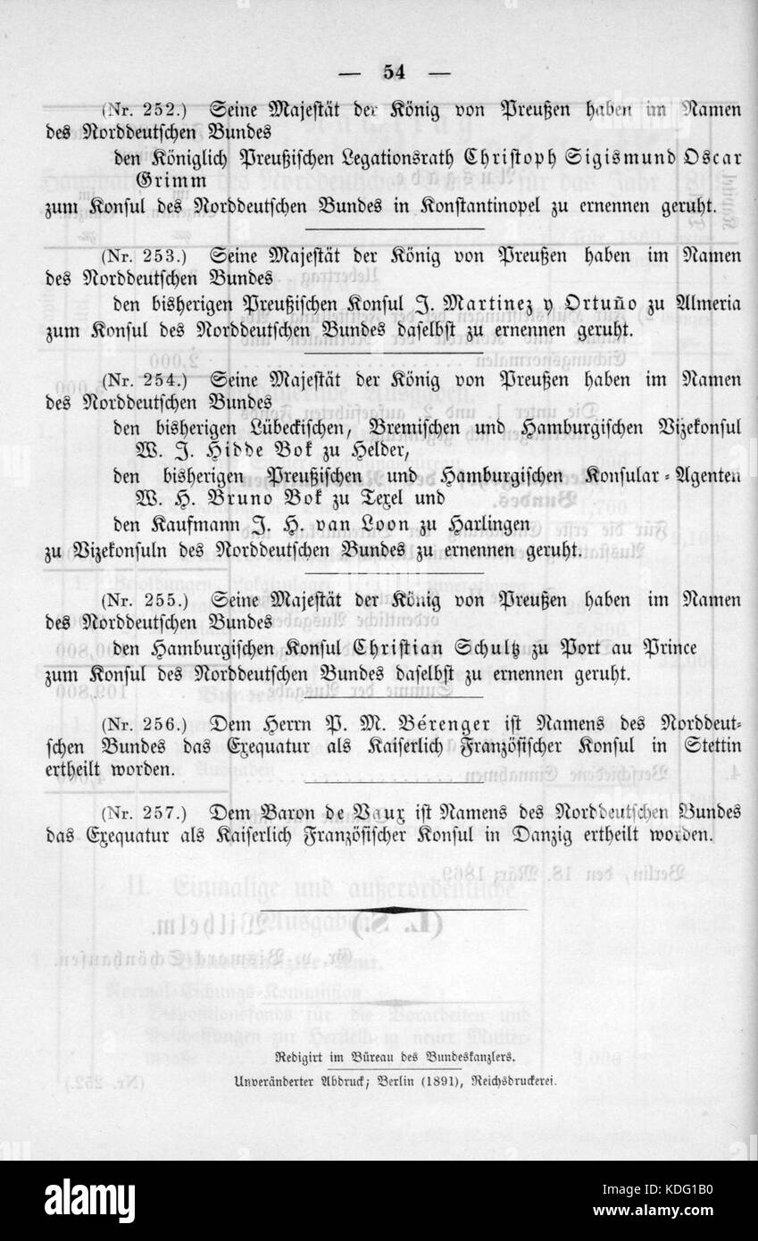 Norddeutsches Bundesgesetzblatt 1869 007 054 Stockfoto