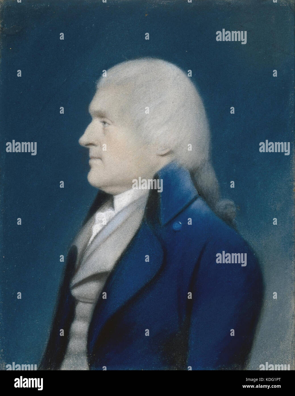 Dieses Porträt, gemalt von James Sharples, zeigt Thomas Jefferson, den dritten Präsidenten der Vereinigten Staaten. Das Werk ist Teil des Google Art Project und hebt Jeffersons Erbe in der amerikanischen Geschichte hervor. Stockfoto