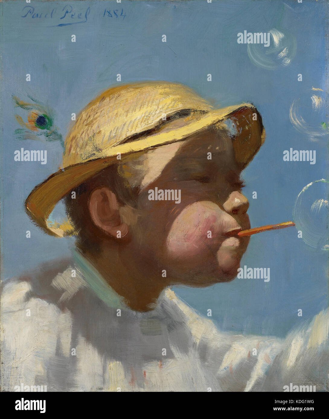 „The Bubble Boy“ von Paul Peel ist ein Gemälde aus dem frühen 20. Jahrhundert, das ein Kind in einer Seifenblase darstellt. Das Werk beschäftigt sich mit Themen der kindlichen Unschuld und des Spiels und ist Teil der Google Art Project Sammlung. Stockfoto