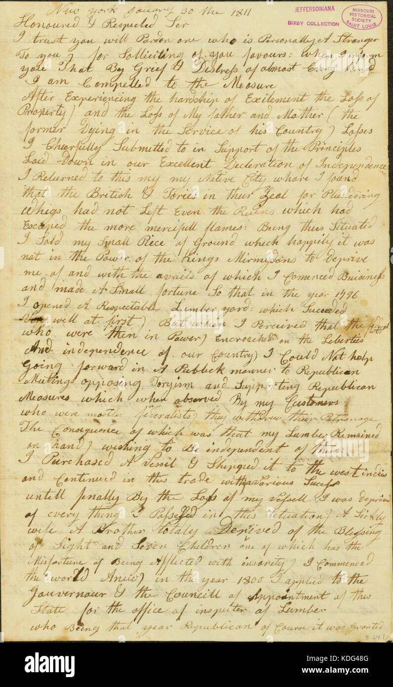 Brief unterzeichnet Matthias Nack, New York, zu Thomas Jefferson, Monticello, Virginia, 30. Januar 1811 Stockfoto