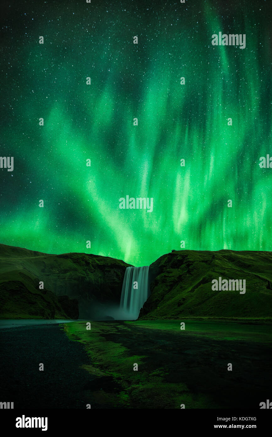Nordische Lichter (Aurora Borealis) Über Skogafoss Wasserfall, Skogar, Island Stockfoto