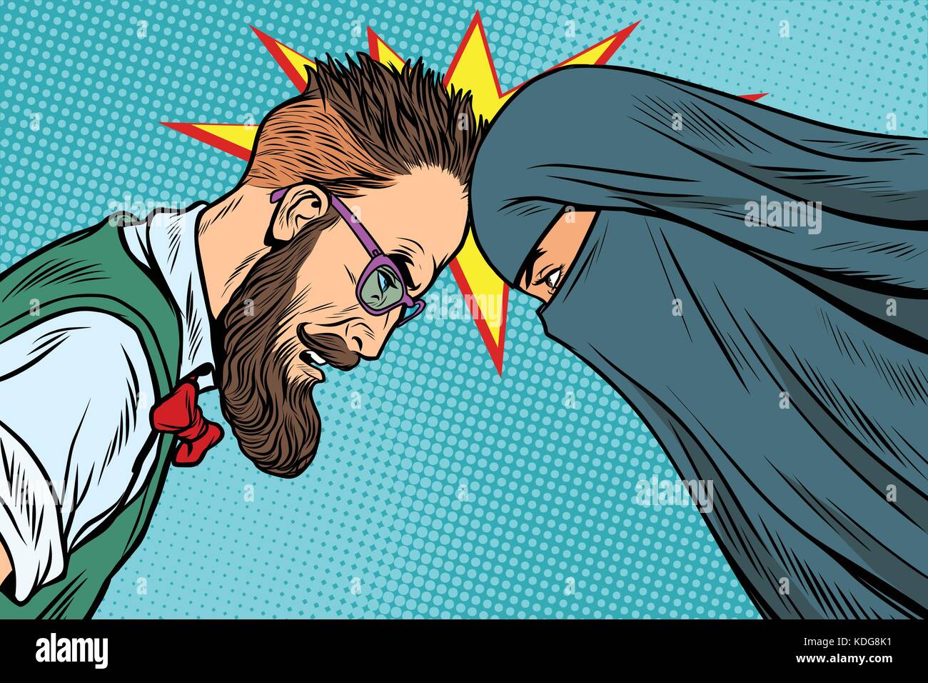 Konflikt zwischen westlichen und östlichen Mann Frau. Toleranz und Diskriminierung. Politik in der Gesellschaft. pop art retro Vektor Illustrator Stock Vektor