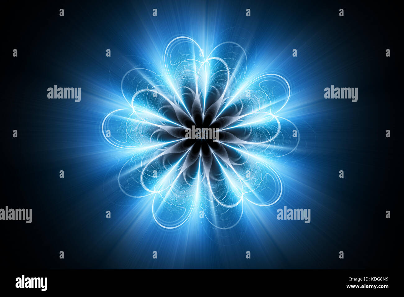 Magische blau leuchtende Mandalas explodierende im Raum, Computer-generierte Zusammenfassung Hintergrund, 3D-Rendering Stockfoto