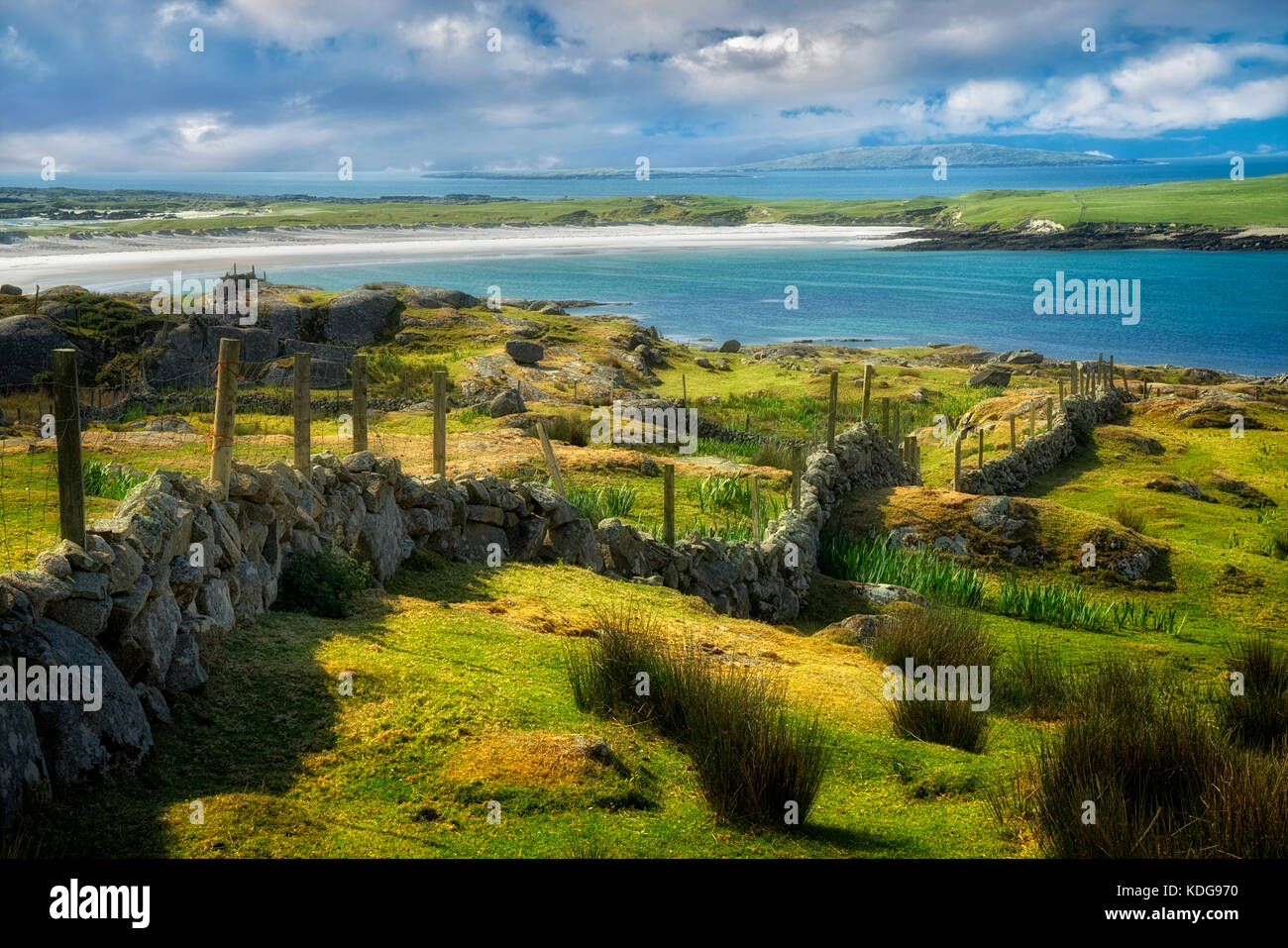 Stone Fence und Hund Bay Beach, Irland, im County Galway, Connemara Stockfoto