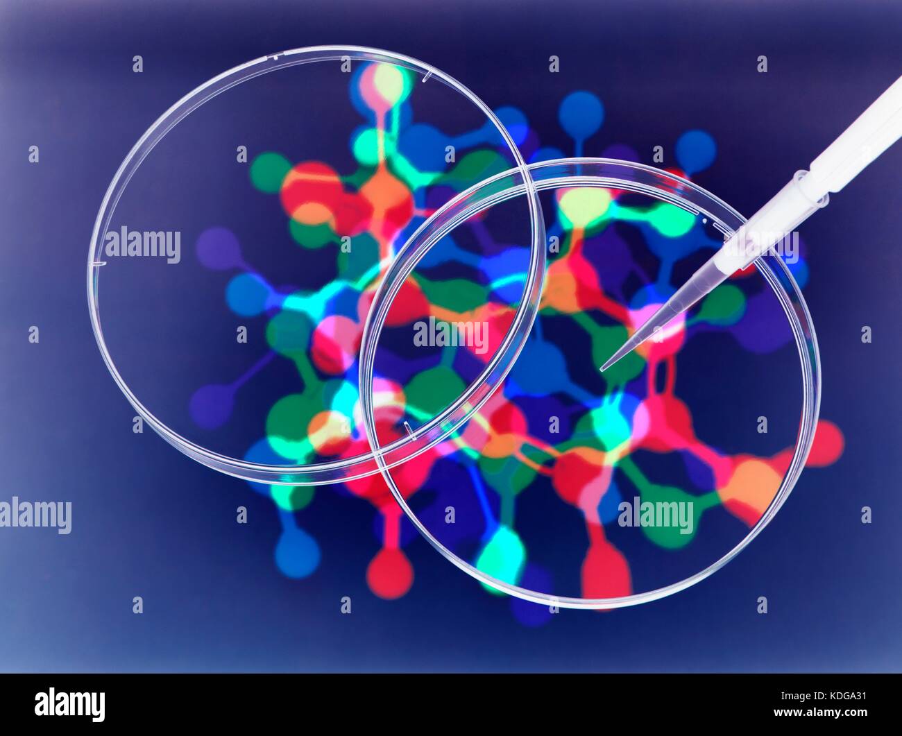 Fotogramm Stil Foto in mehrere Aufnahmen eines molekularen Modell, Pipettieren und Petrischalen der reinen Forschung zu veranschaulichen. Stockfoto