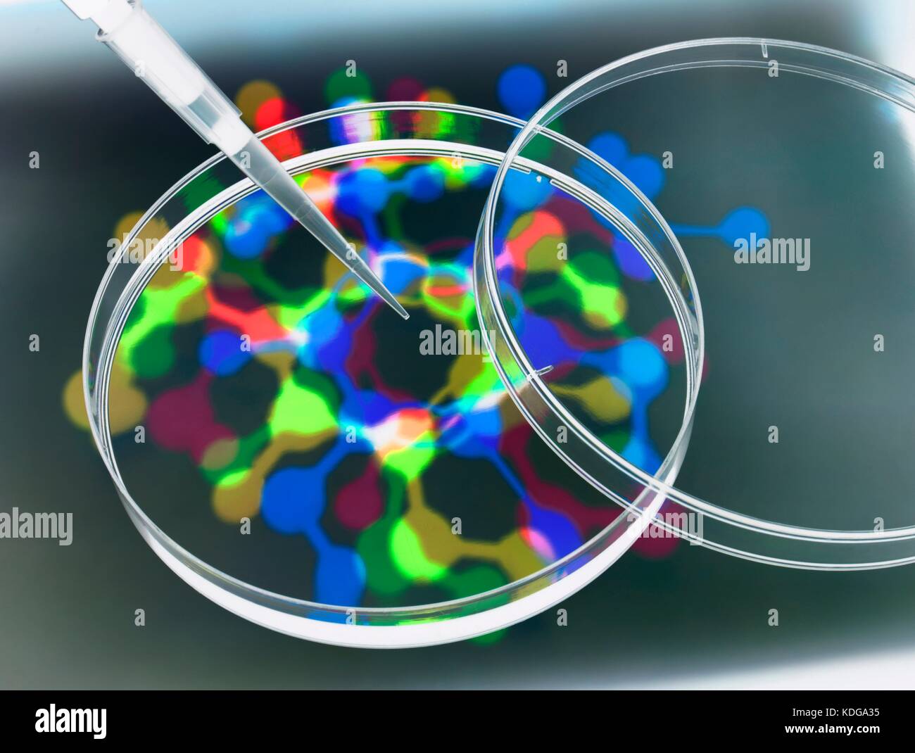Fotogramm Stil Foto in mehrere Aufnahmen eines molekularen Modell, Pipettieren und Petrischalen der reinen Forschung zu veranschaulichen. Stockfoto