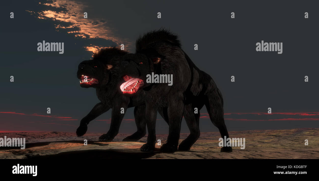 Zwei Hellhounds-übernatürliche Kreaturen der Folklore und Legende der Höllenhund ist ein Wächter der Hölle mit rot leuchtenden Augen. Stockfoto