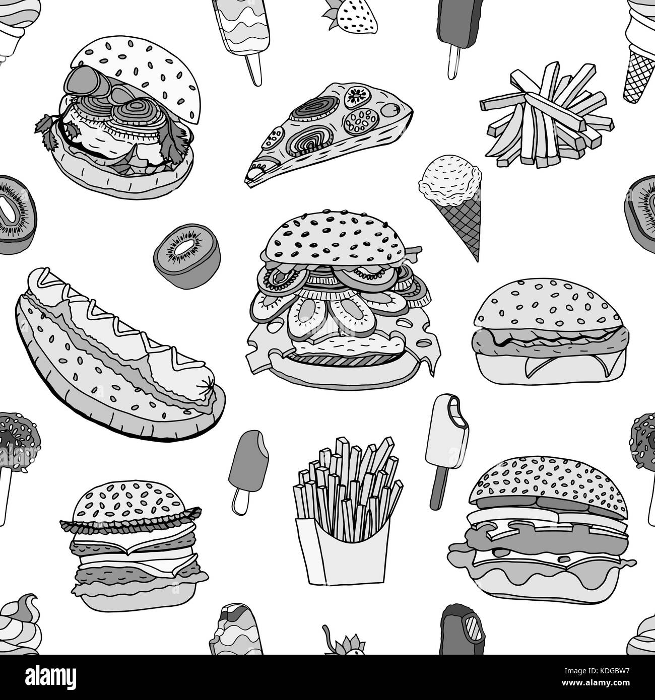 Monochrome nahtlose verschiedene Lebensmittel Hintergrund in doodle Stil. Vector Illustration Stock Vektor