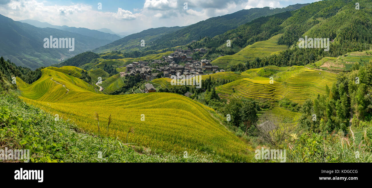 Ping'an zhuang und longji Terraced Rice Fields Panorama, longsheng, Guangxi, China Stockfoto