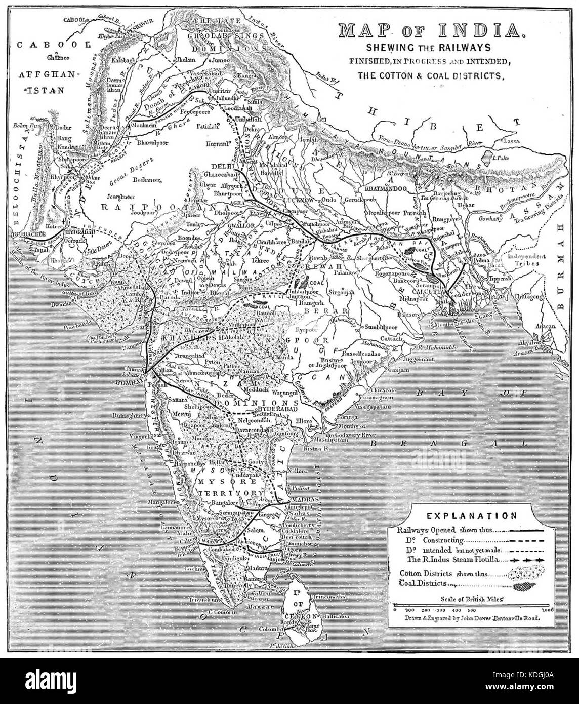 Eisenbahnkarte Indiens ILN 1865 Stockfoto
