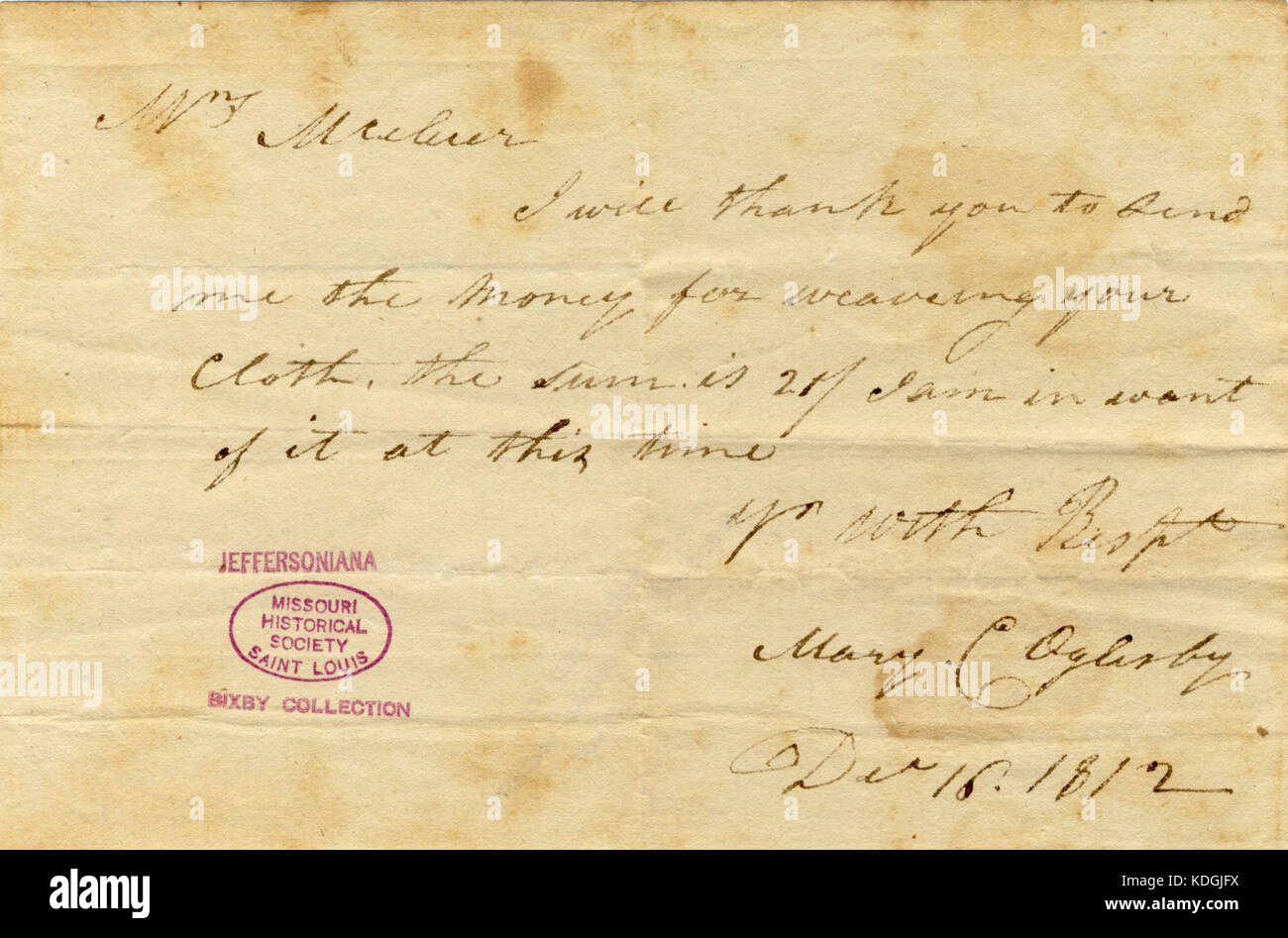 Anmerkung von Maria C. Oglesby an Frau McCluer, 16. Dezember 1812 Stockfoto