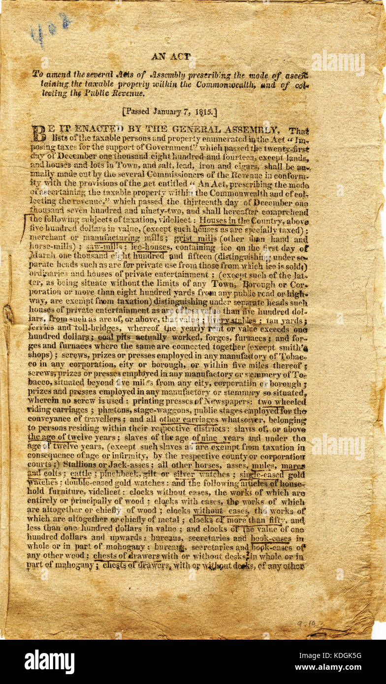 Broschüre über die steuererhebung Methoden in 1815 Stockfoto