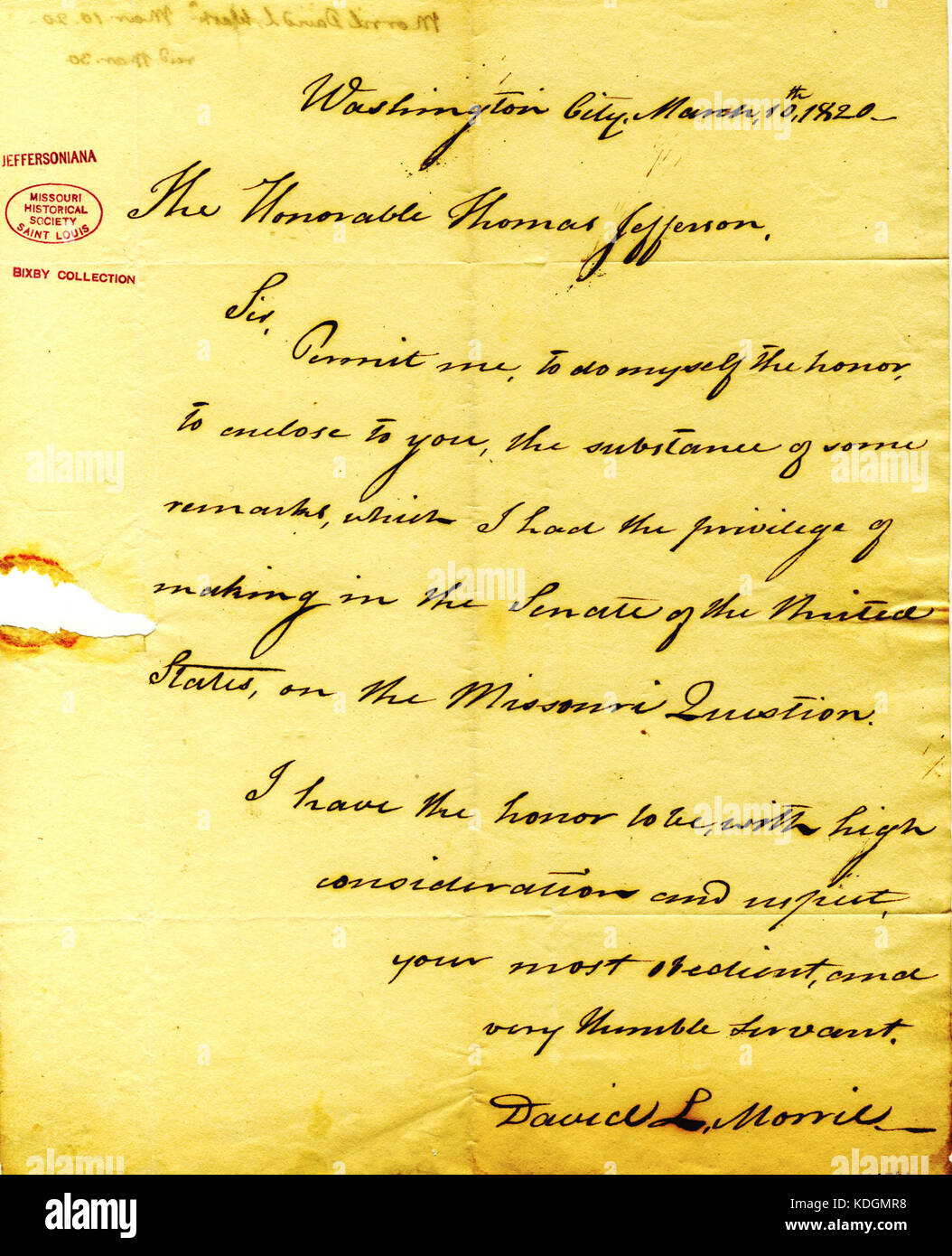 Brief unterzeichnet David L. Morril, Washington, Thomas Jefferson, 10. März 1820 Stockfoto