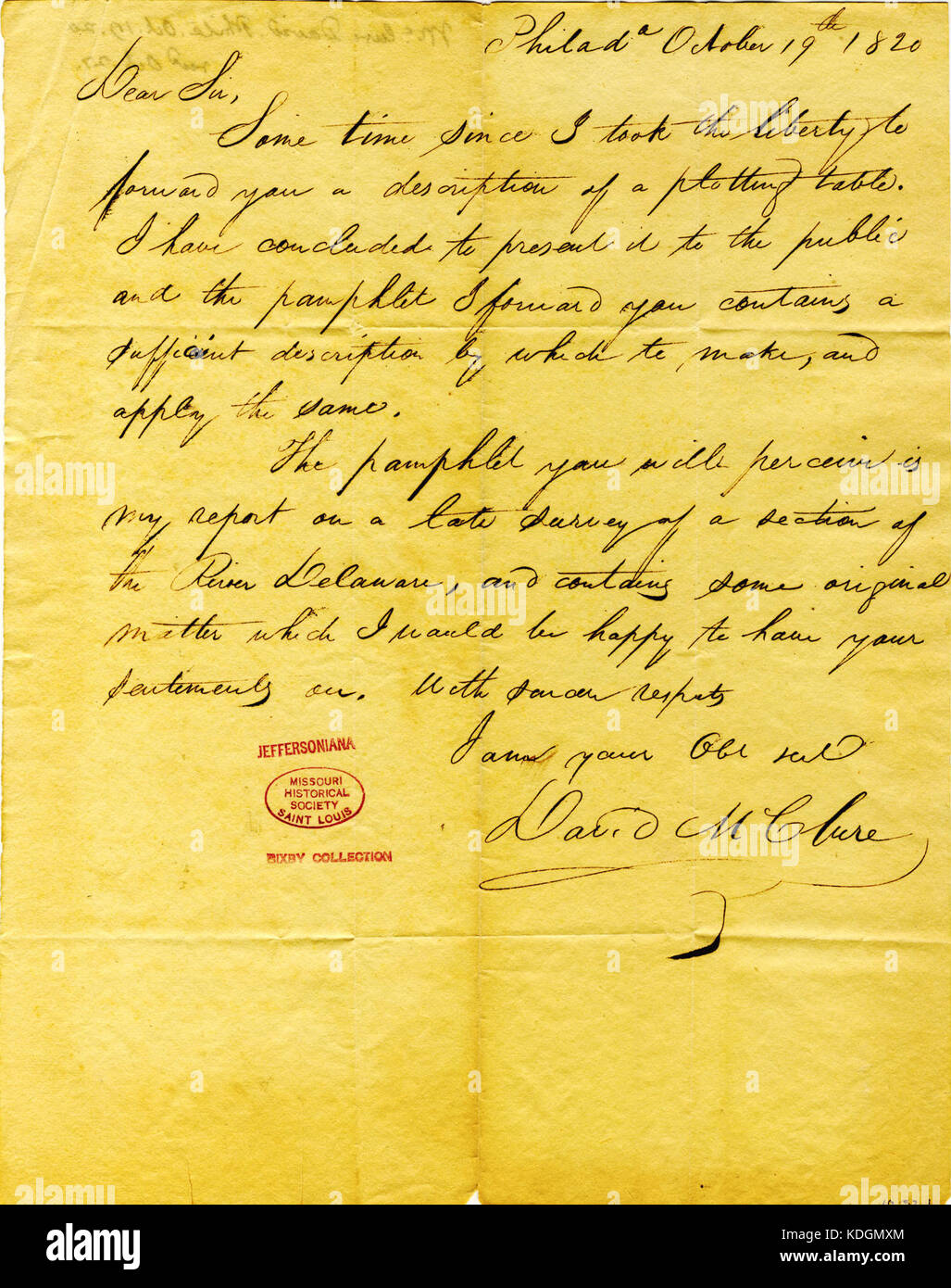 Brief unterzeichnet David McClure, Philadelphia, Thomas Jefferson, 19. Oktober 1820 Stockfoto