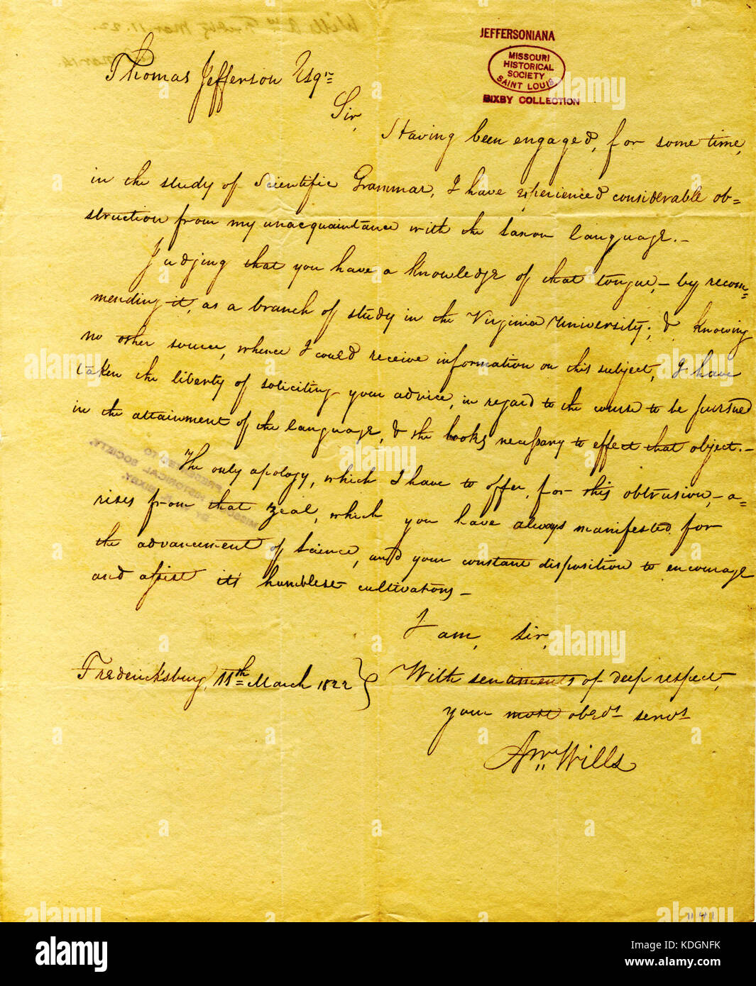 Brief unterzeichnet A. will, auf Thomas Jefferson, 11. März 1822 Stockfoto