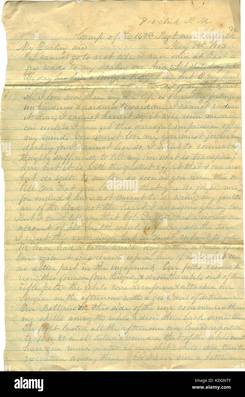 Brief unterzeichnet W.S. Moffat, Lager der 143 Regiment, in der Nähe von Suffolk, Virginia, seine Frau (Matilda B. Moffat, 1. Mai 1863 Stockfoto