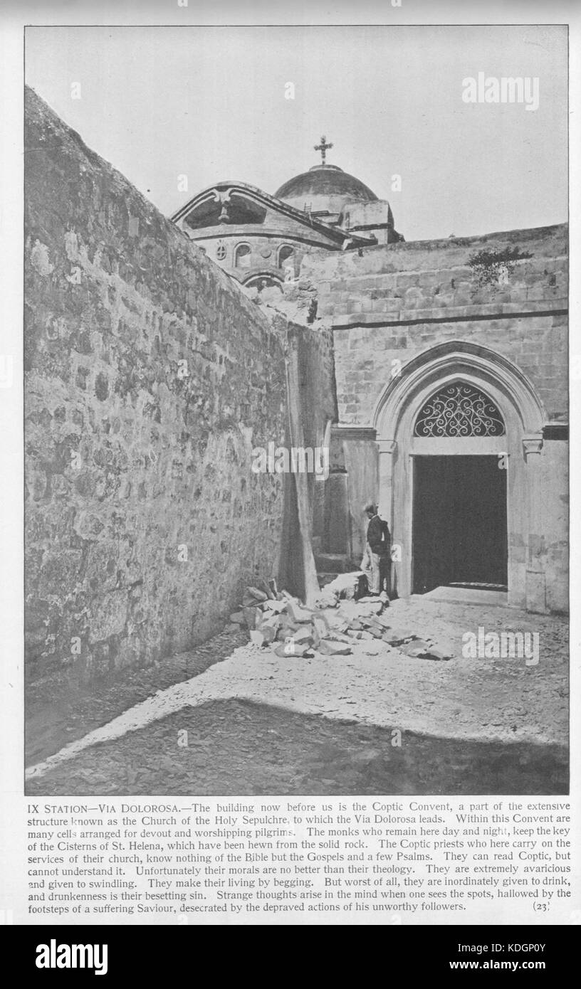 Das Foto mit dem Titel "Jerusalem. IX-Statin. (Via Dolorosa), 23. Heiliges Land fotografiert. Daniel B. Shepp. 1894 zeigt einen historischen Moment auf der Via Dolorosa, einem bedeutenden Weg in Jerusalem. 1894 von Daniel B. Shepp aufgenommen, stellt es eine visuelle Darstellung des Heiligen Landes während dieser Zeit dar. Das Foto hat historischen Wert und zeigt Aspekte von Jerusalems religiöser und kultureller Landschaft. Stockfoto