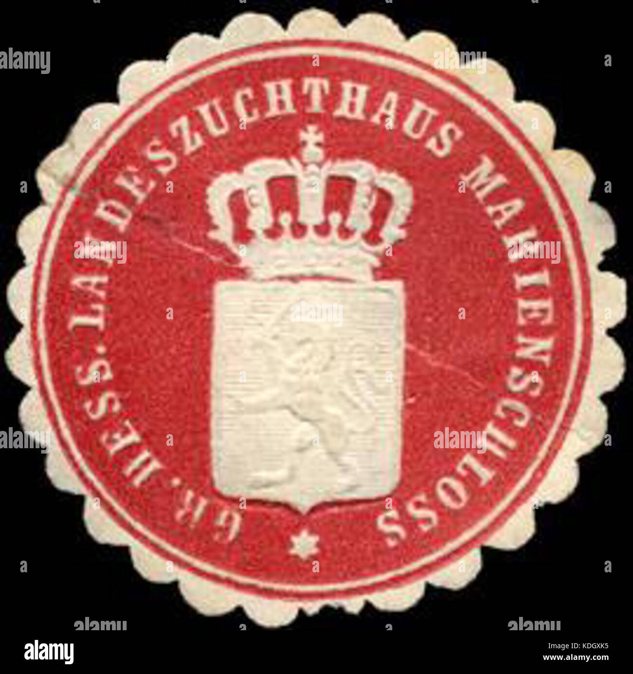 Die Siegelmarke Grossherzoglich Hessische Landeszuchthaus Marienschloss ist ein offizielles Siegel aus einem historischen deutschen Gefängnis, das das Strafsystem der Region im 19. Jahrhundert widerspiegelt. Stockfoto