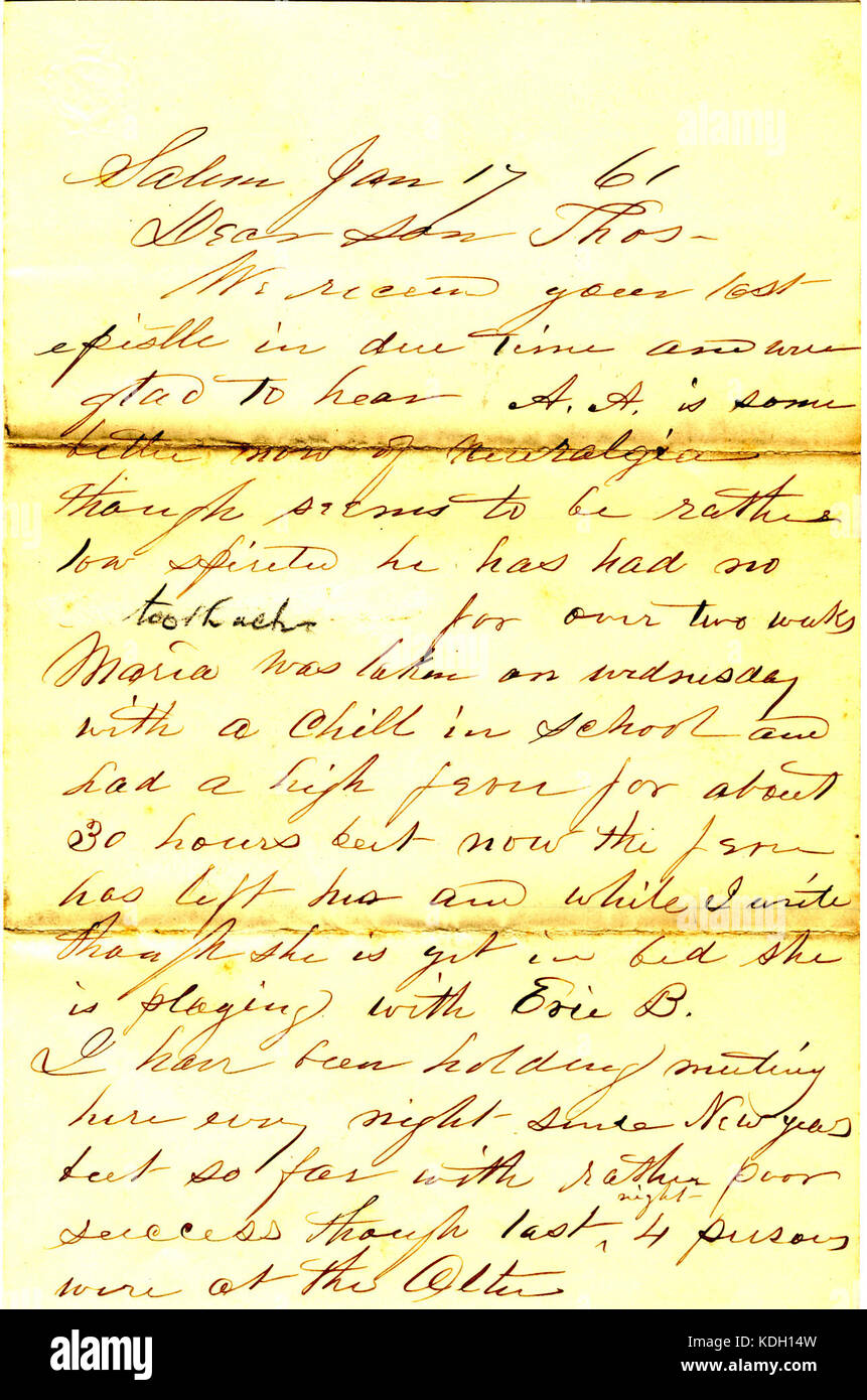 Ein Brief von N. H. (Nelson Hawley) aus Salem, Illinois, an seinen Sohn Thomas, datiert vom 17. Januar 1861. Der Brief gibt historische Einblicke in die persönliche Korrespondenz während des Amerikanischen Bürgerkriegs. Stockfoto
