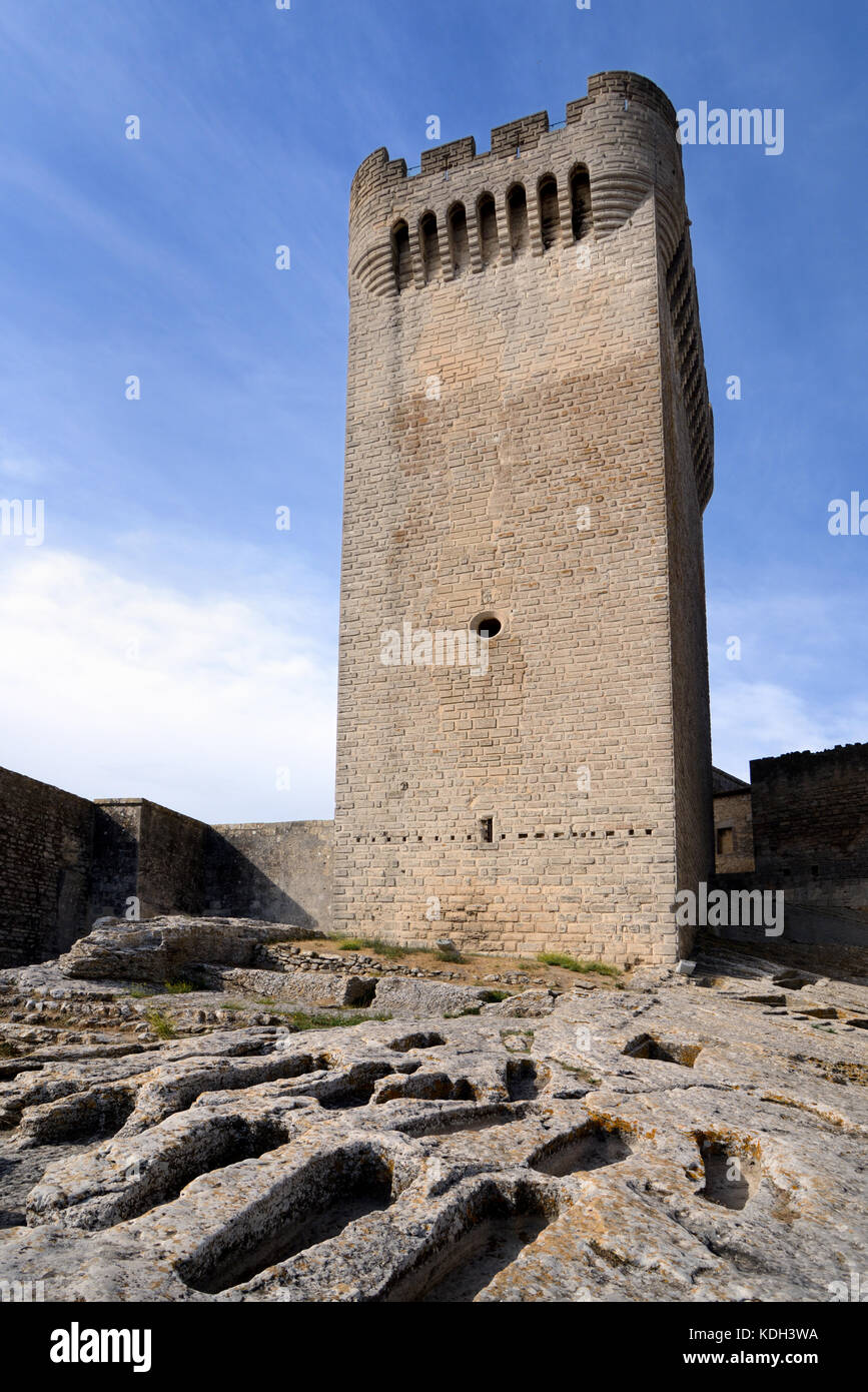 Mittelalterlicher Turm des Abtes Pons de l'Orme (14. Jahrhundert) und Steingräber oder Friedhof, Abtei Montmajour, in der Nähe von Arles, Provence Frankreich Stockfoto