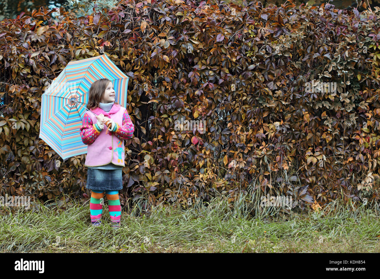 Kleines Mädchen mit Regenschirm Herbst Stockfoto