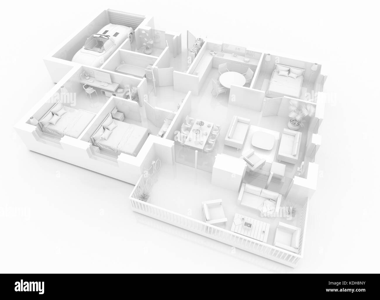 3d-plan von möblierten Apartment House Stockfoto