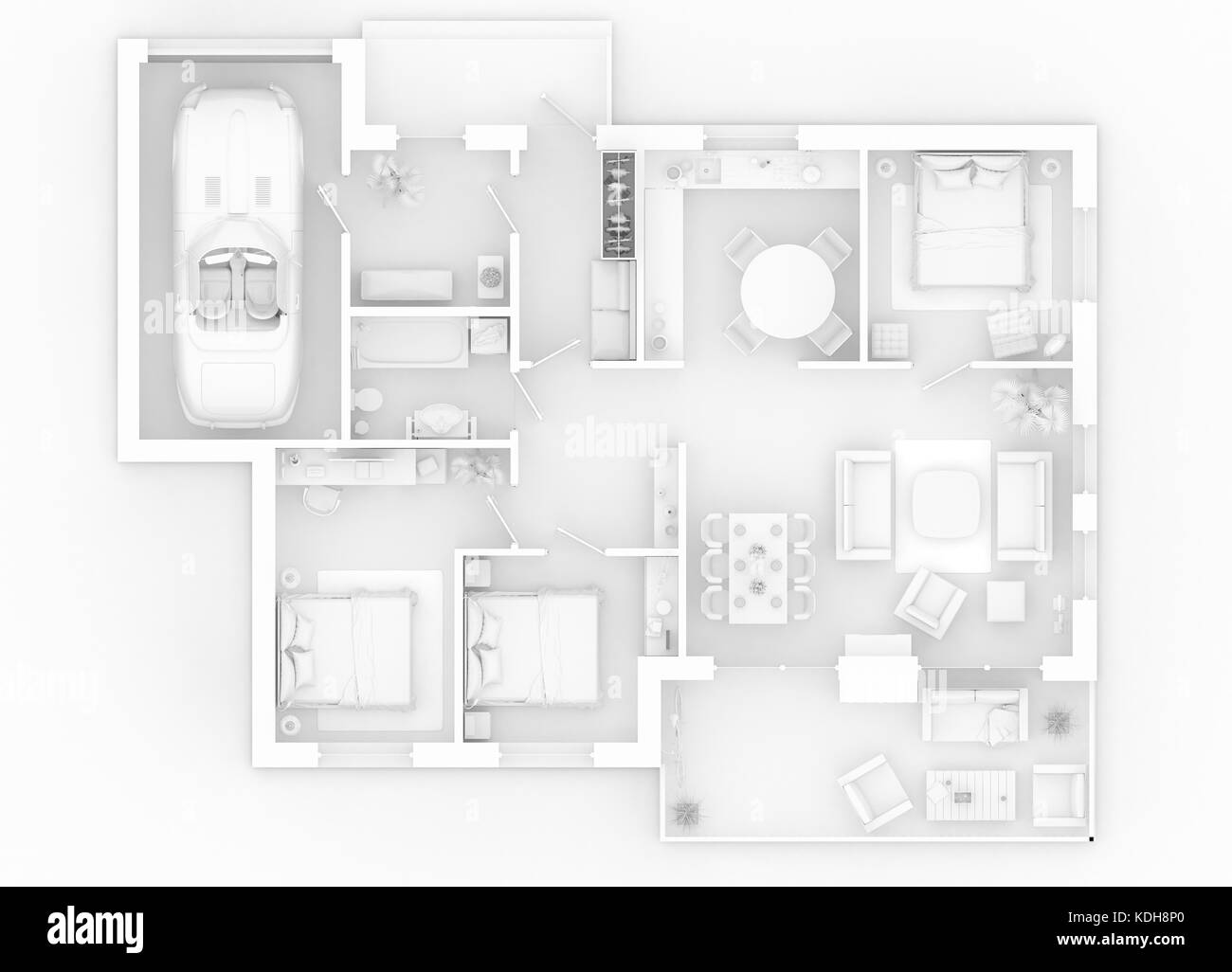 3d-plan von möblierten Apartment House Stockfoto