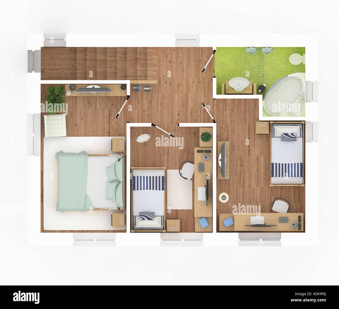 3d-plan von möblierten Apartment House Stockfoto