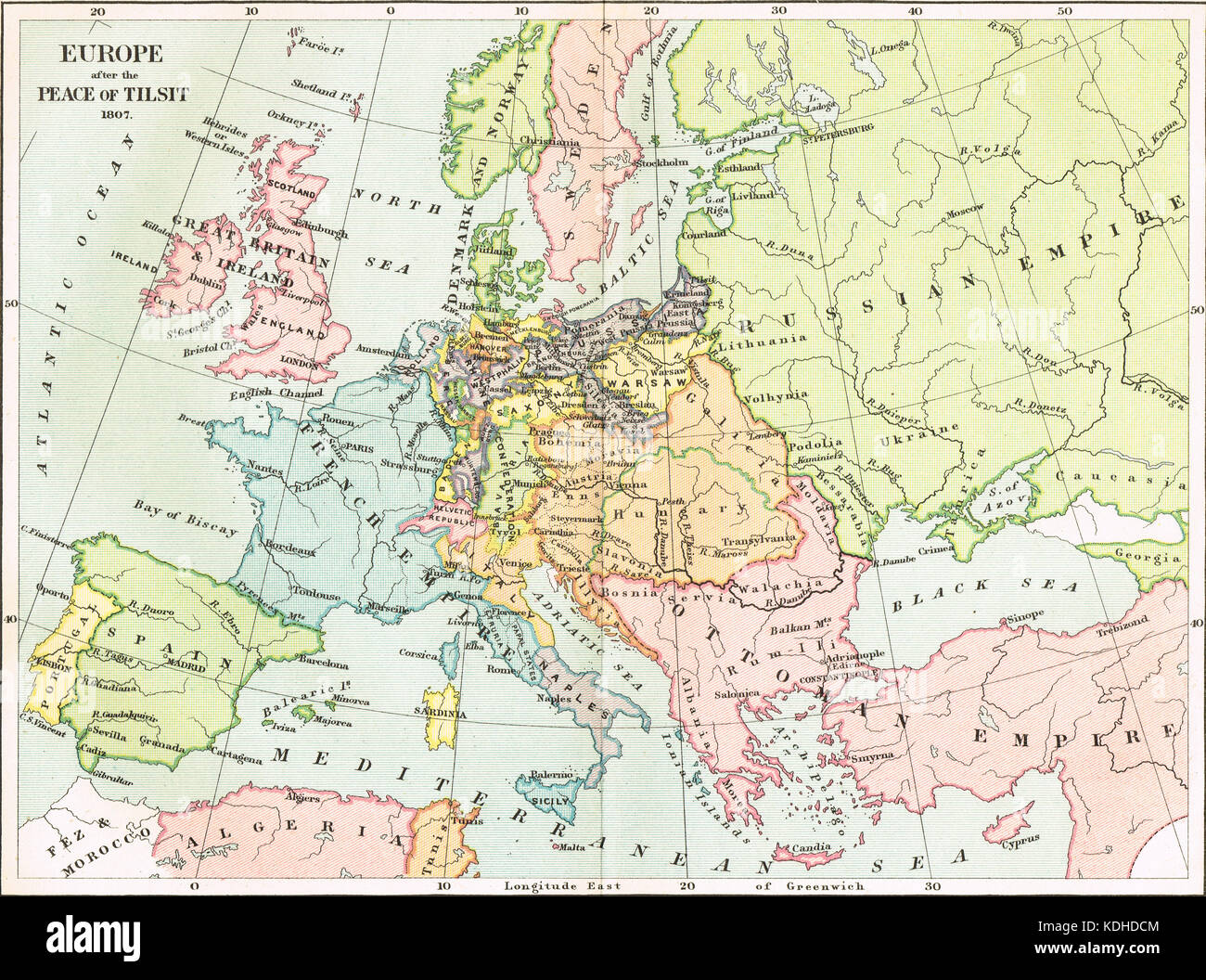 Karte von Europa nach dem Frieden von Tilsit 1807 Stockfoto