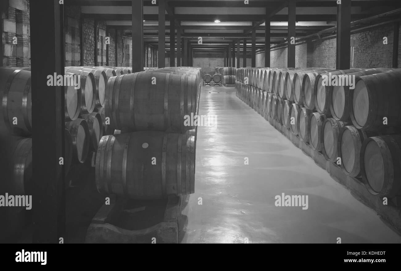 Alter Foto des alten Weingut mit Weinfässern Stockfoto