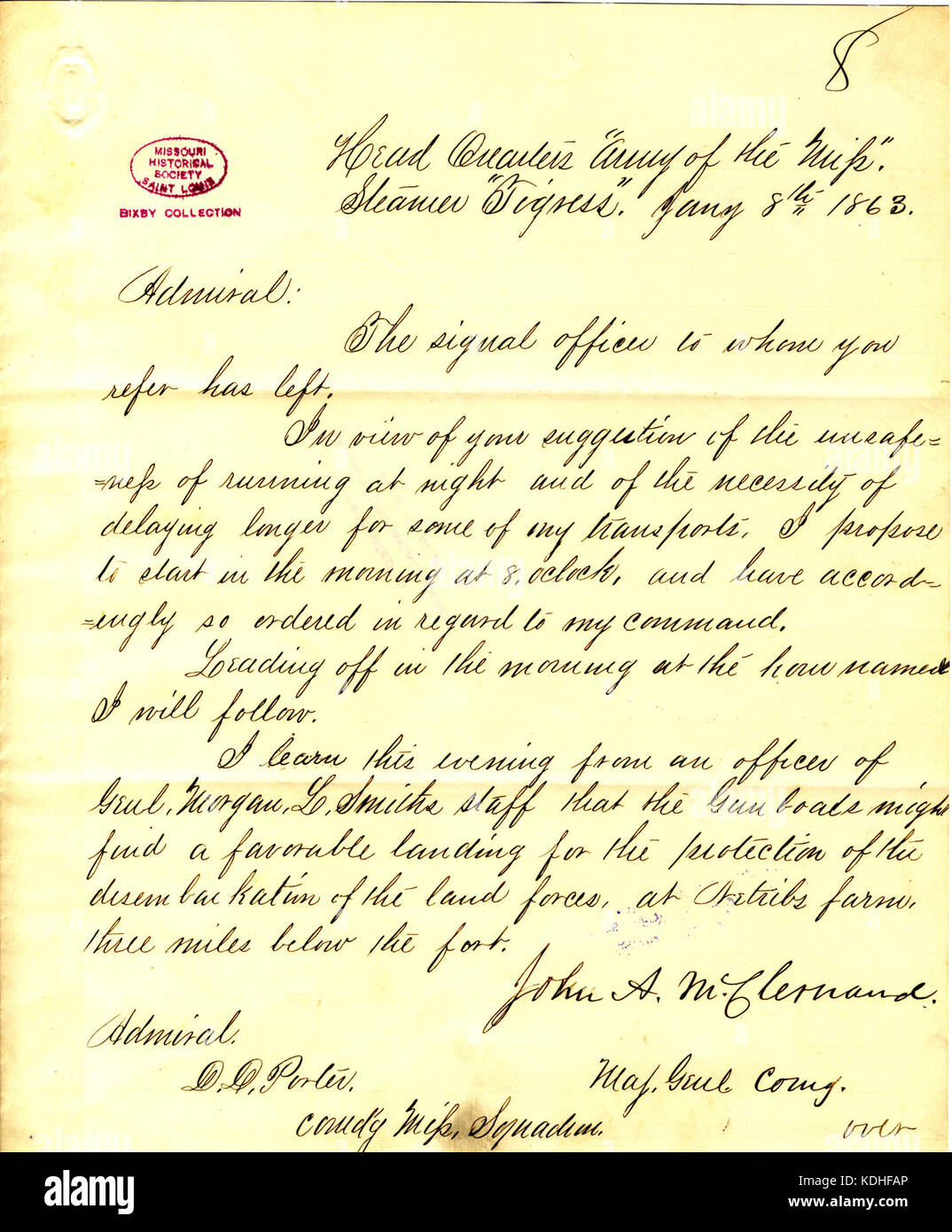 Brief von J.A.McClernand, Hauptquartier, Armee des Mississippi, Dampfgarer Tigerin, (David D.) Porter, 8. Januar 1863 Stockfoto