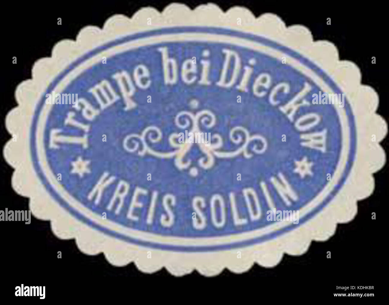 Ein historisches deutsches Freizeichen aus dem Landkreis Trampe im Gebiet Soldin mit der Bezeichnung *Siegelmarke Trampe*. Sie spiegelt Postgeschichte und regionale Kommunikationssysteme aus dieser Zeit wider. Stockfoto