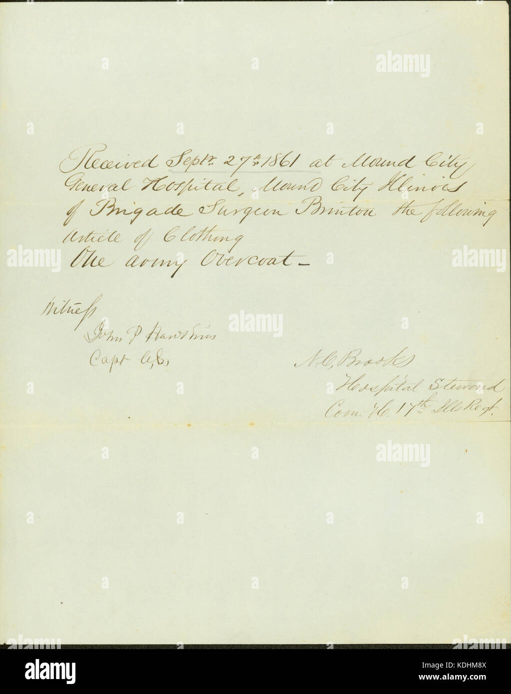Eine unterzeichnete Quittung von N.C. Brooks, Hospital Steward des 17. Illinois Regiments, vom 27. September 1861, die einen Einblick in die Logistik und Organisation der militärischen Dienste im Bürgerkrieg gab. Stockfoto