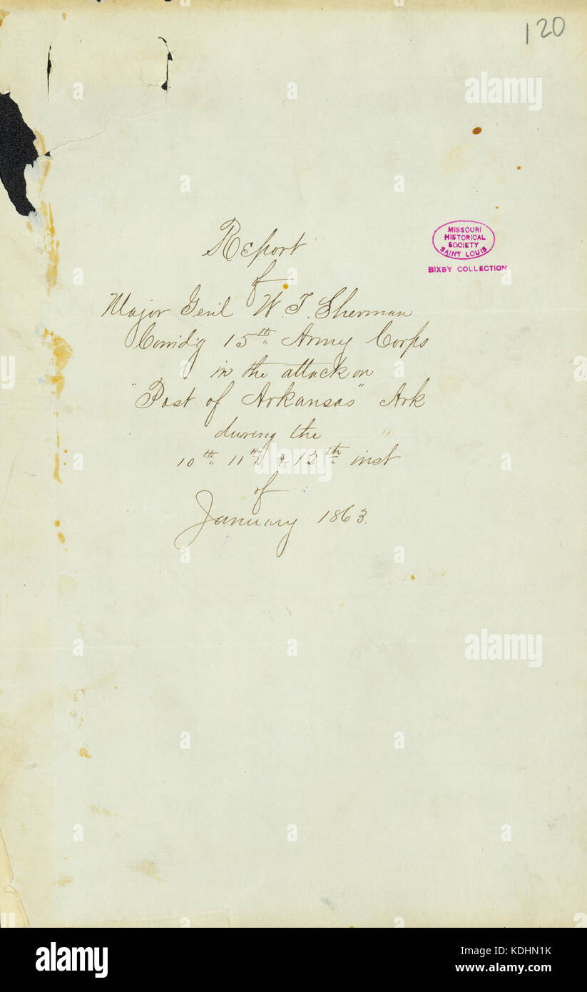 Brief von W.T. Sherman, Hauptquartier, 15. Armee Korps, Post von Arkansas, A. Schwartz, stellvertretender Adjutant General Major General John A. McClernand, 13. Januar 1863 Stockfoto