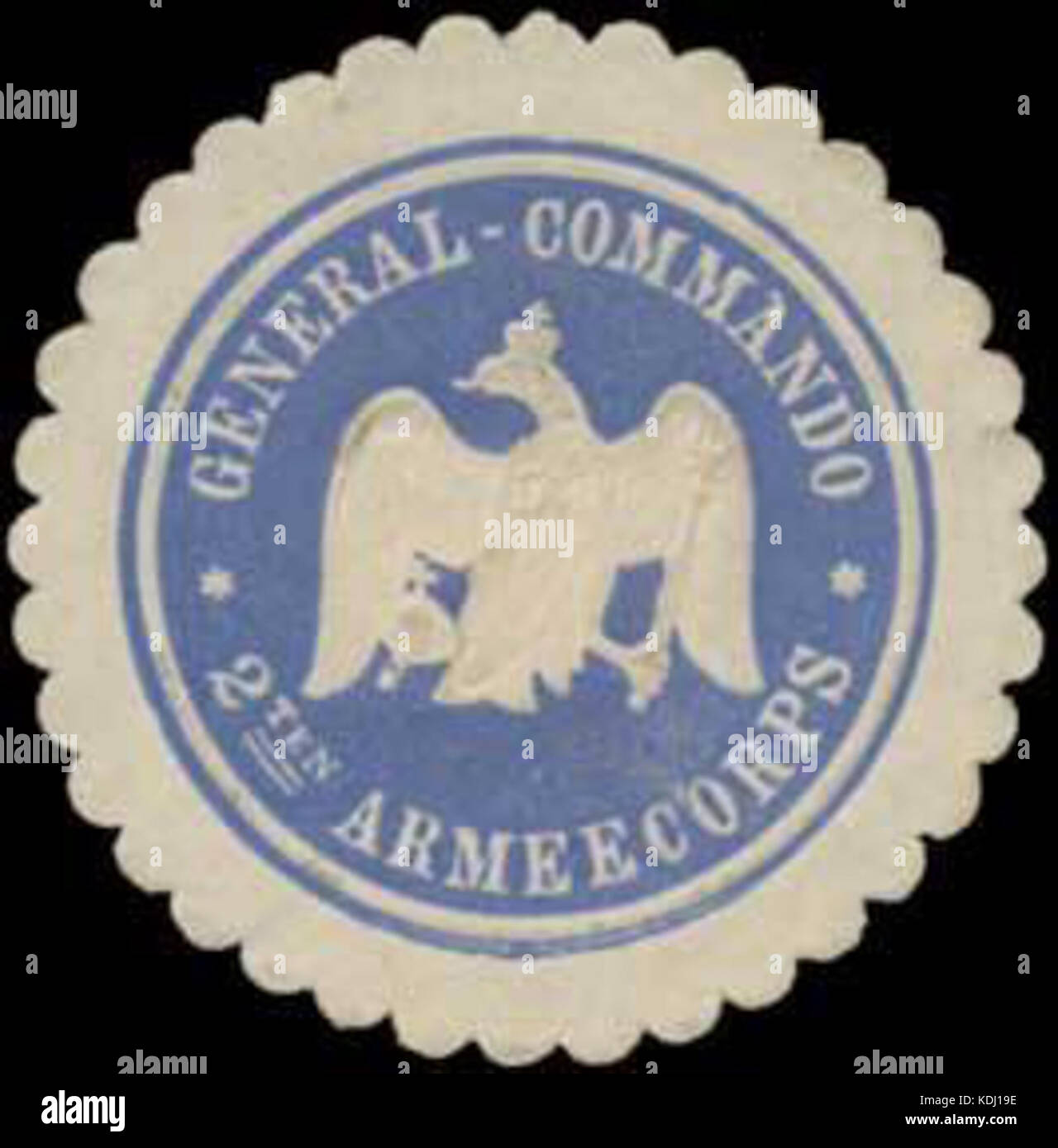 Dieses Objekt zeigt die Siegelmarke des Generalkommandos des 2. Armeekorps, die ein historisches Militärsymbol aus dem Deutschen Reich darstellt. Stockfoto
